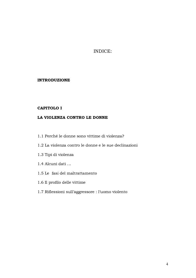 Indice della tesi: La violenza contro le donne: i centri antiviolenza e gli orientamenti pedagogici, Pagina 1