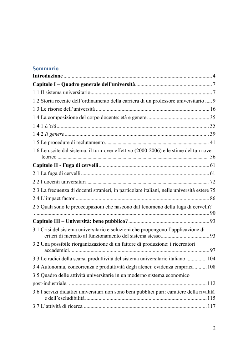Indice della tesi: Il modello organizzativo dell'università italiana. Limiti, efficienza, produttività, Pagina 1