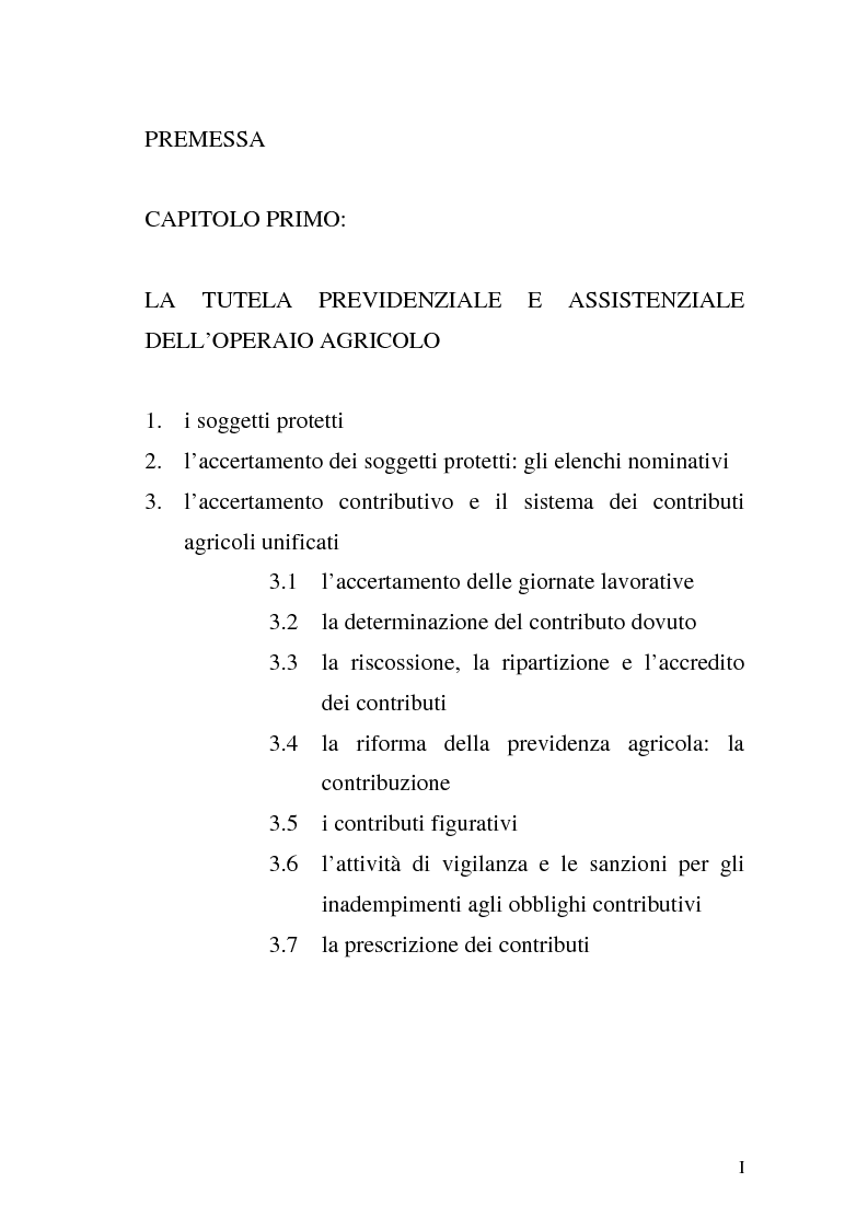 Indice della tesi: La disciplina previdenziale nel settore agricolo: gli operai agricoli a tempo determinato, Pagina 1