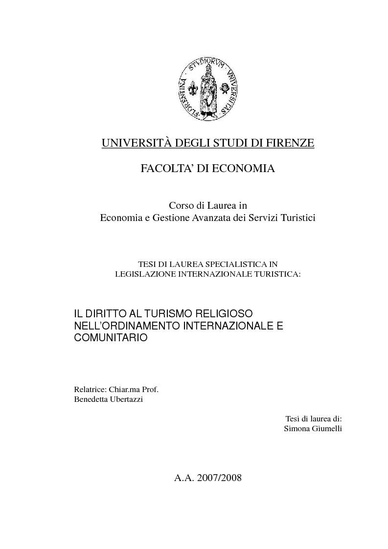 Indice della tesi: Il diritto al turismo religioso nell'ordinamento internazionale e comunitario, Pagina 1