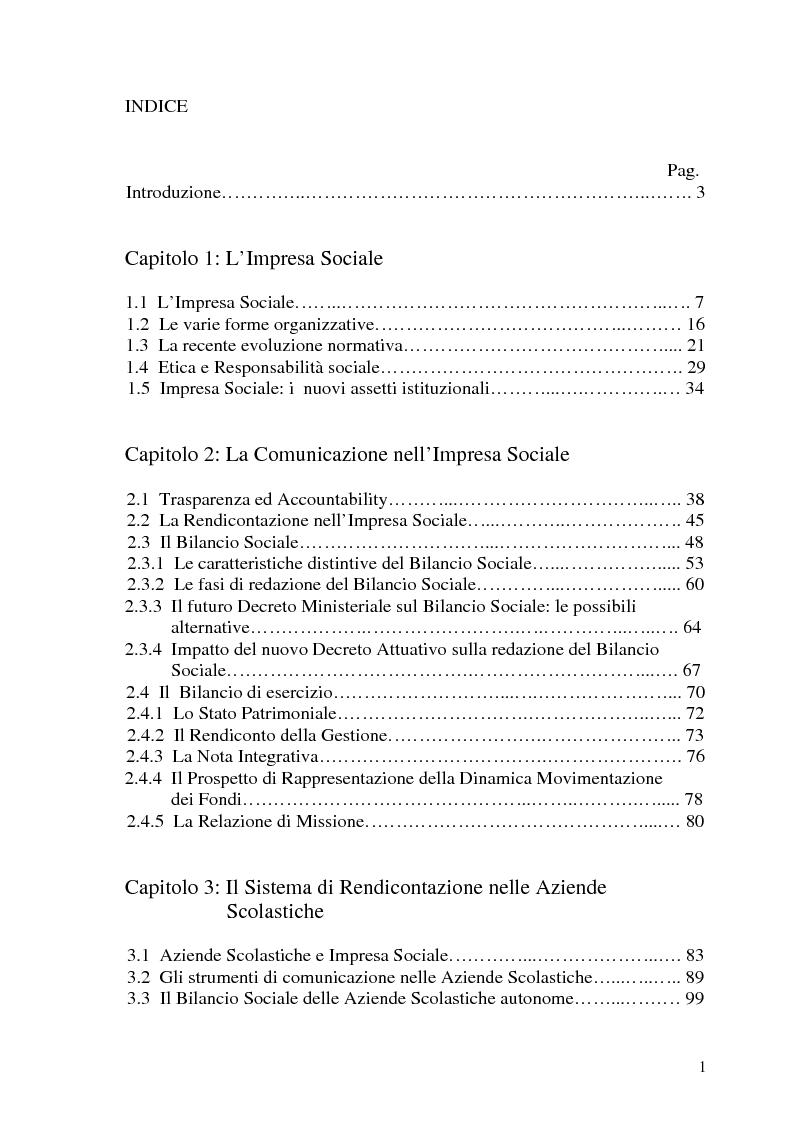 Indice della tesi: Impresa sociale: rendicontazione e bilancio sociale. Il caso delle aziende scolastiche, Pagina 1