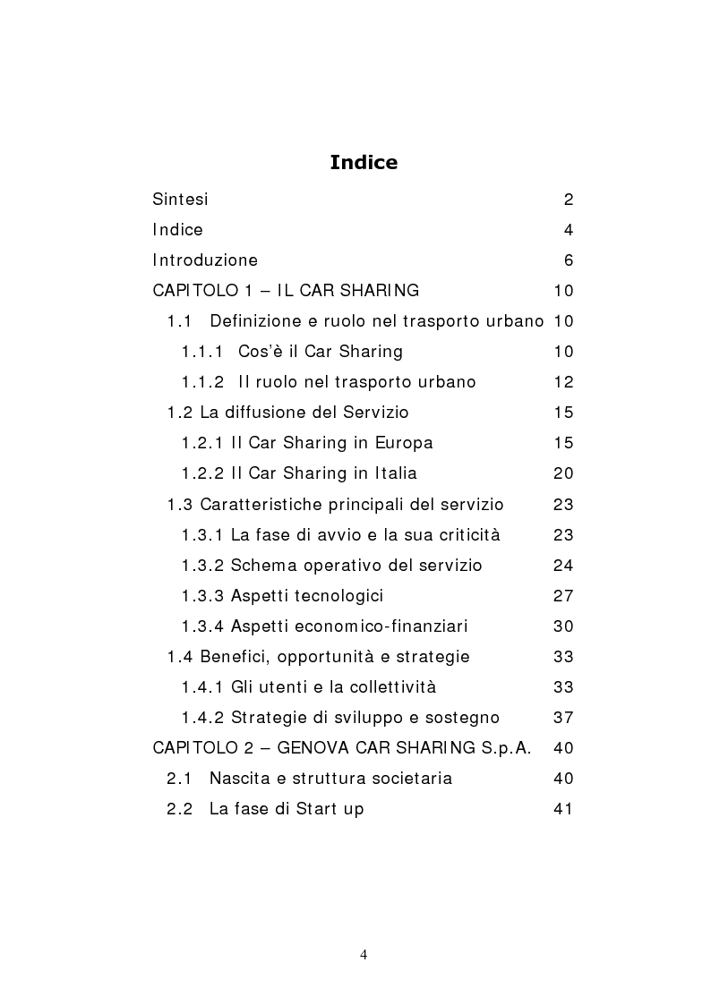 Indice della tesi: Il car sharing in Italia. Il caso di Genova Car Sharing, Pagina 1