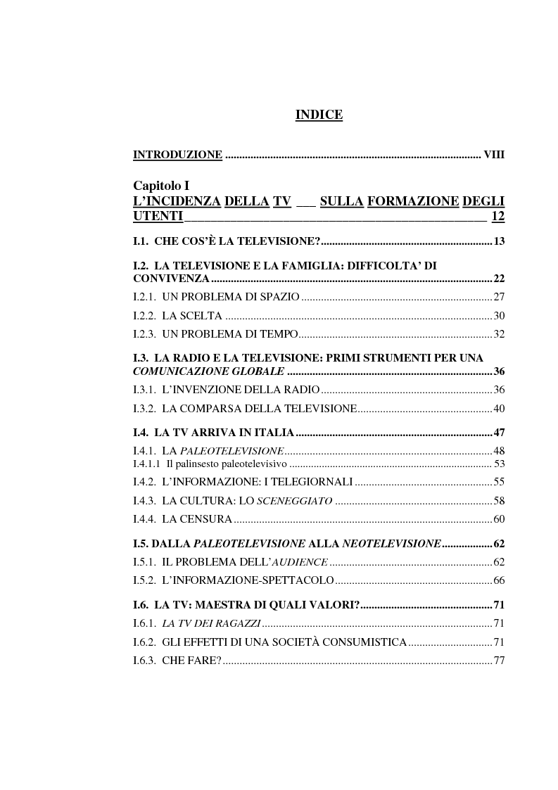 Indice della tesi: L'influenza della televisione nei rapporti interpersonali, Pagina 1