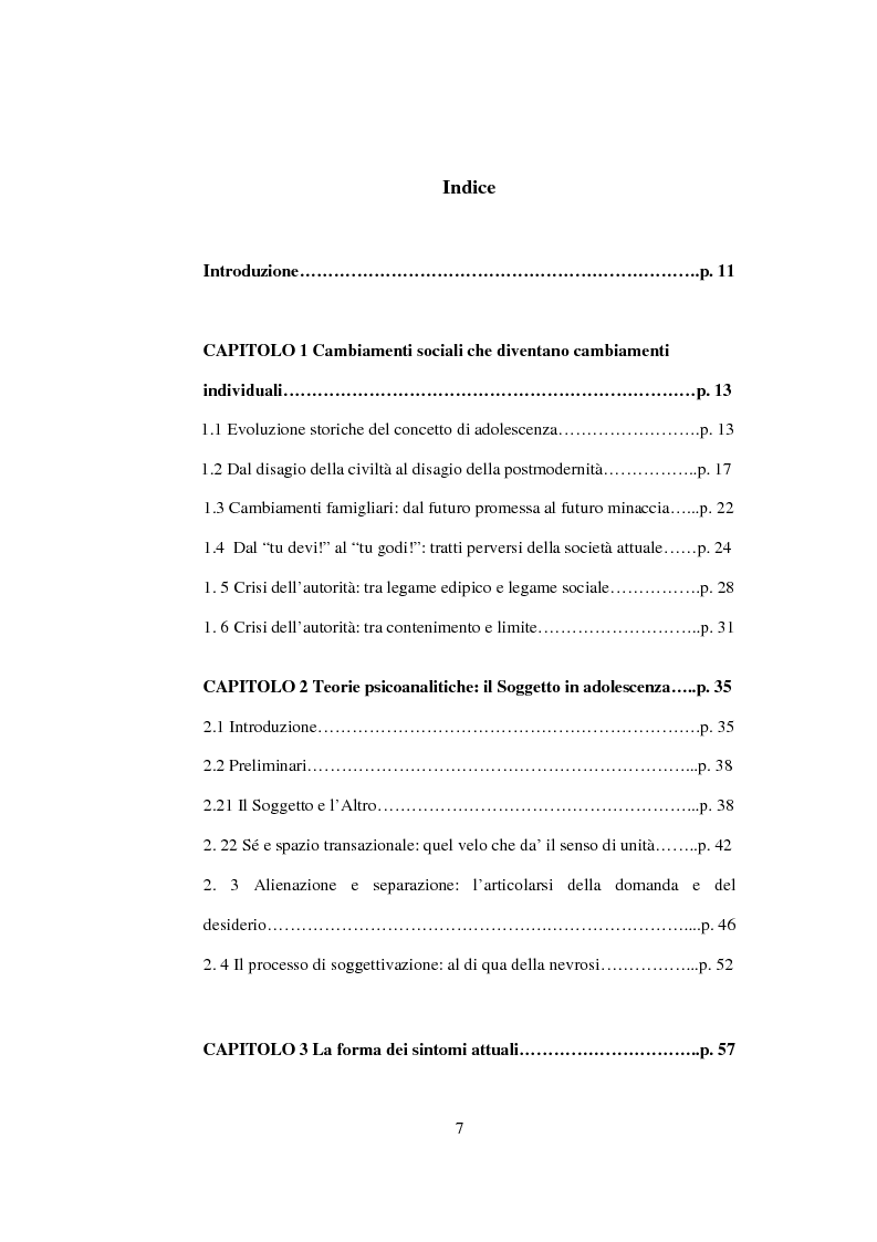 Indice della tesi: Postmodernità: adolescenza e nuove forme psicopatologiche - Riflessioni sul carattere sovversivo della psicoanalisi, Pagina 1