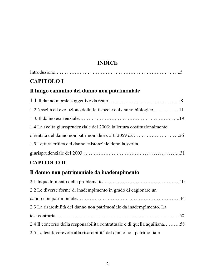 Indice della tesi: Il danno non patrimoniale da inadempimento, Pagina 1