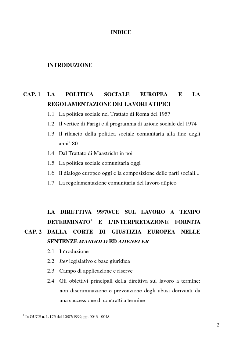 Indice della tesi: Lavoro a tempo determinato fra vincoli comunitari e disciplina interna: problemi aperti, Pagina 1