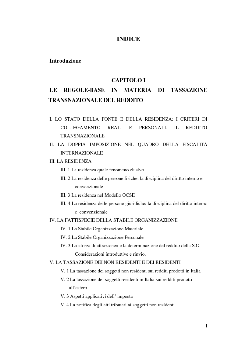 Indice della tesi: La tassazione dei soggetti non residenti, Pagina 1