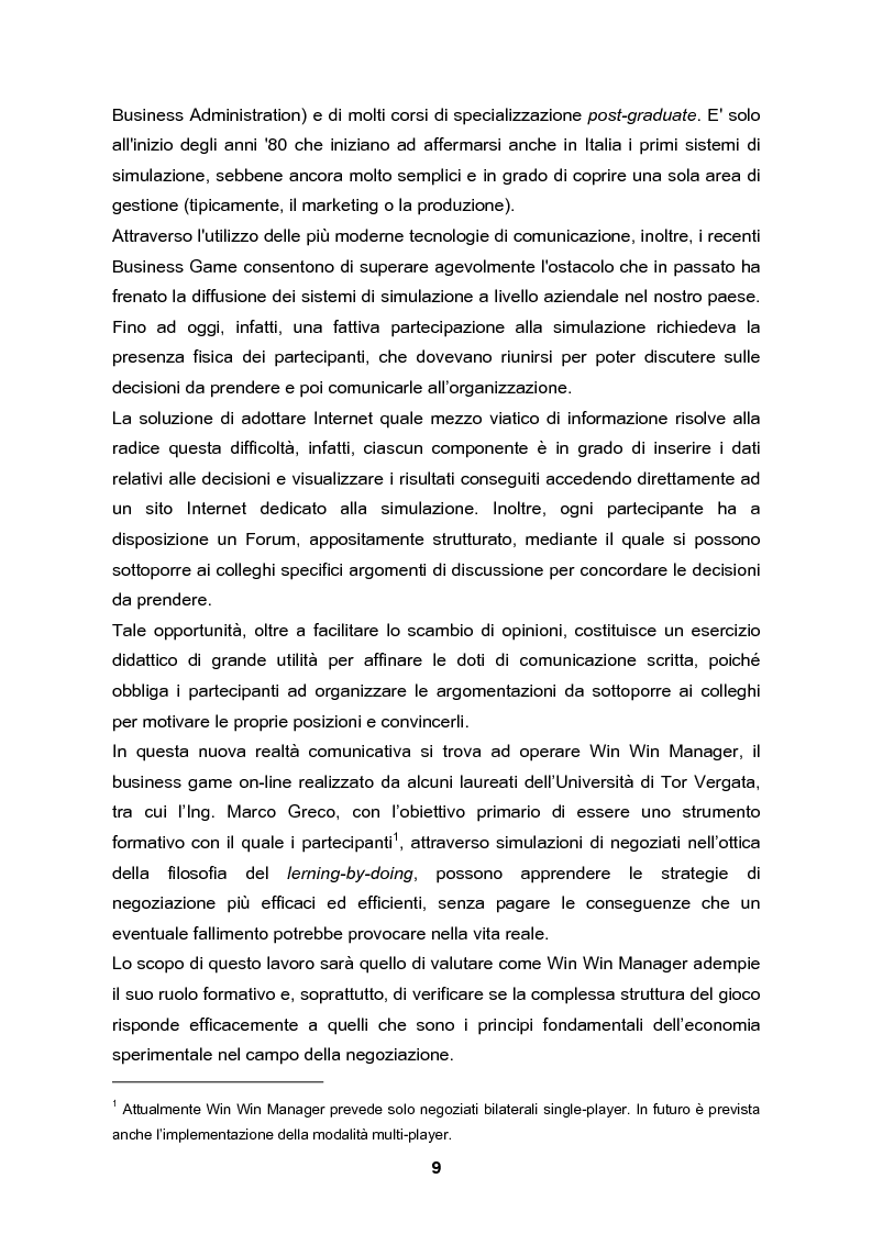 Anteprima della tesi: Analisi e validazione secondo i principi dell’economia sperimentale di un gioco di contrattazione online: Win Win Manager, Pagina 2