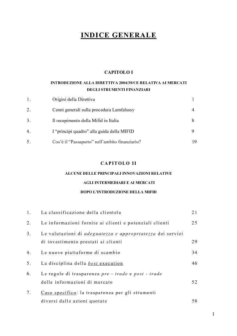 Indice della tesi: La riorganizzazione delle banche per l'applicazione della Mifid, Pagina 1