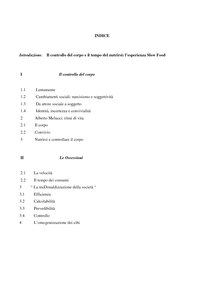 Indice della tesi: Il controllo del corpo e il tempo del nutrirsi: l'esperienza Slow Food, Pagina 1