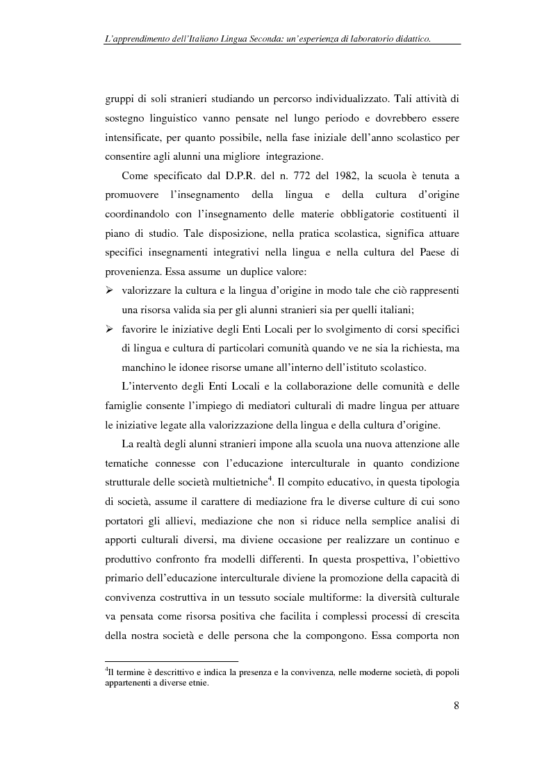 Anteprima della tesi: Didattica delle lingue moderne - L'apprendimento dell'italiano lingua seconda: un'esperienza di laboratorio didattico, Pagina 8