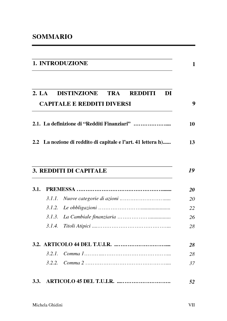 Indice della tesi: La tassazione degli strumenti finanziari, Pagina 1