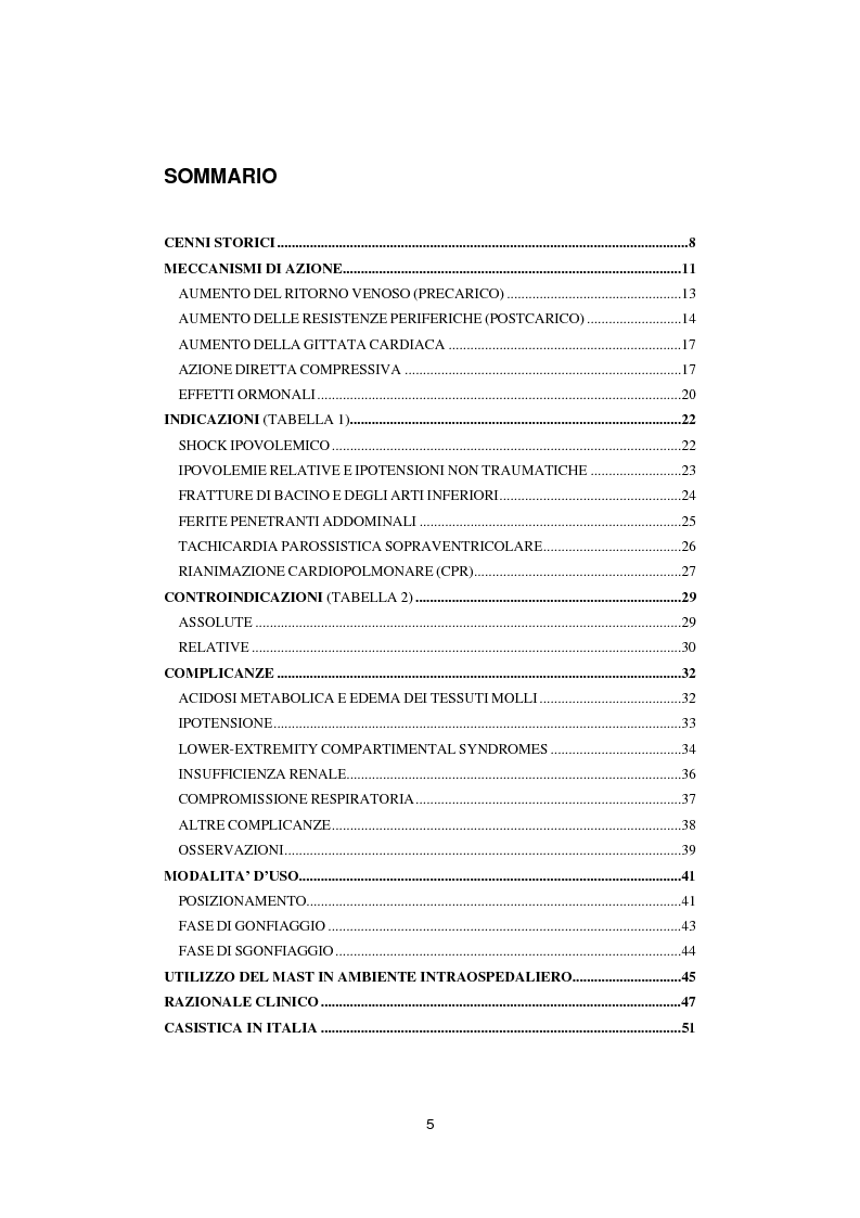 Indice della tesi: L’uso del MAST (Military/Medical AntiShock Trousers) nel “Servizio Sanitario Urgenza Emergenza 118 - Elisoccorso di Como”, Pagina 1