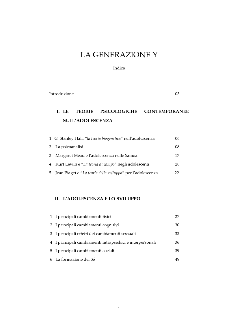 Indice della tesi: La generazione Y, Pagina 1