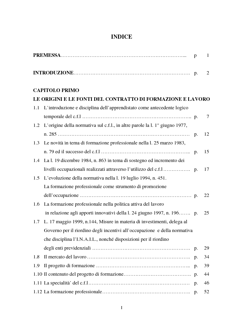 Indice della tesi: Agevolazioni contributive e principi comunitari: il caso del contratto di formazione e lavoro, Pagina 1