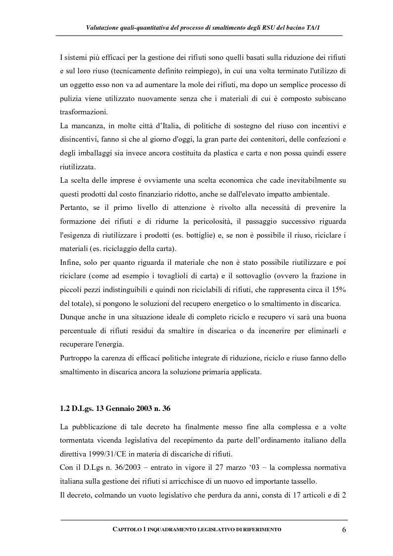 Anteprima della tesi: Valutazione quali-quantitativa del processo di smaltimento degli RSU nel bacino TA/1, Pagina 6