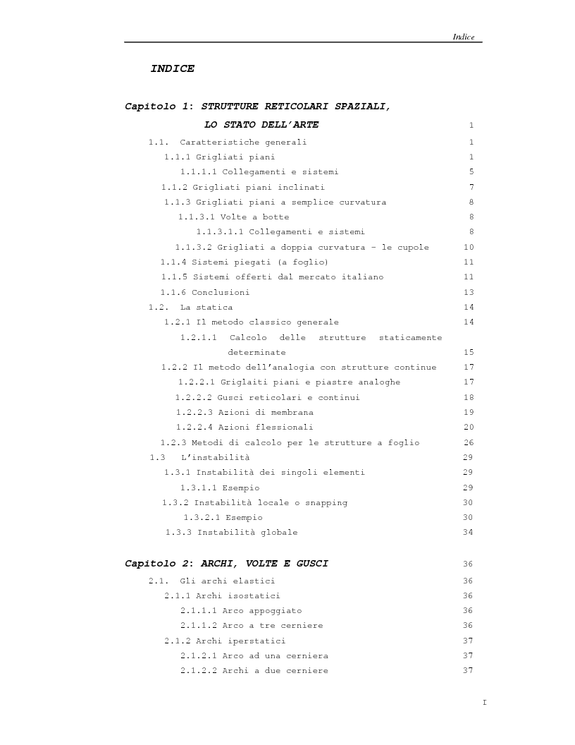 Indice della tesi: Grandi coperture, strutture reticolari spaziali; progetto della copertura di un impianto sportivo con struttura leggera a ''fogli'' triangolari, Pagina 1