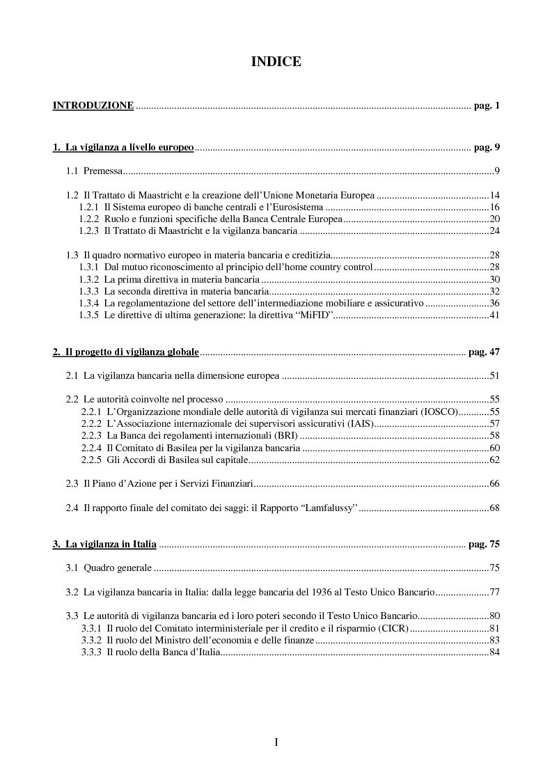 Indice della tesi: Assetti organizzativi e prospettive evolutive della vigilanza sui sistemi finanziari, Pagina 1