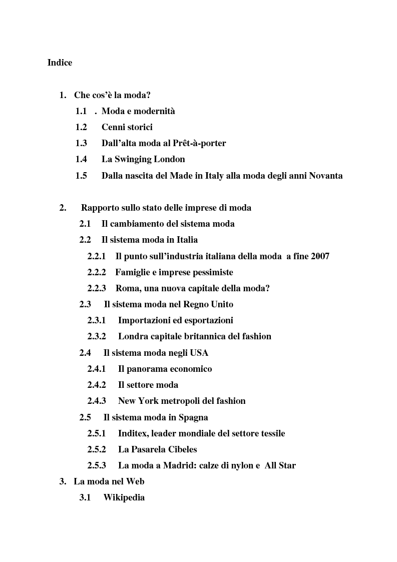 Indice della tesi: La presenza della moda in Internet. Un confronto tra tre aree linguistiche: italiana-inglese-spagnola., Pagina 1