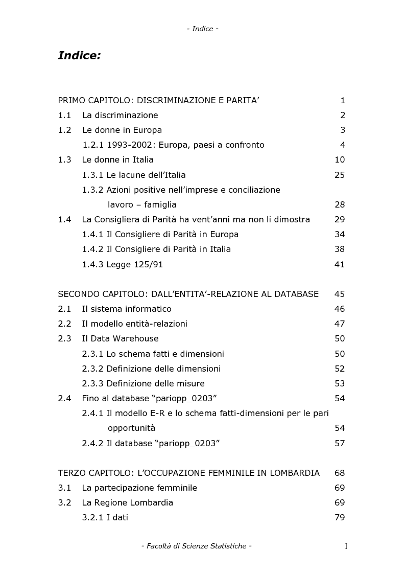 Indice della tesi: Modelli di analisi del mercato del lavoro in Lombardia: l'occupazione femminile, Pagina 1