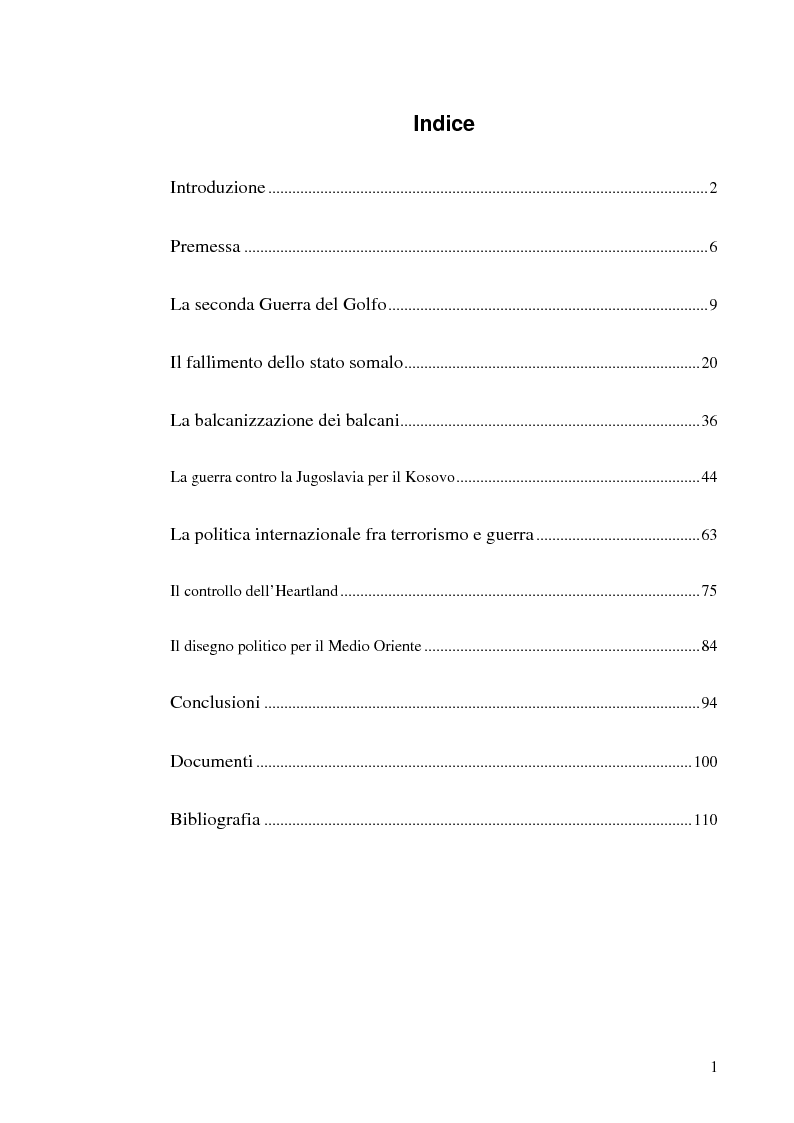 Indice della tesi: Coinvolgimento internazionale e significato politico delle missioni italiane nella fase post Guerra fredda, Pagina 1