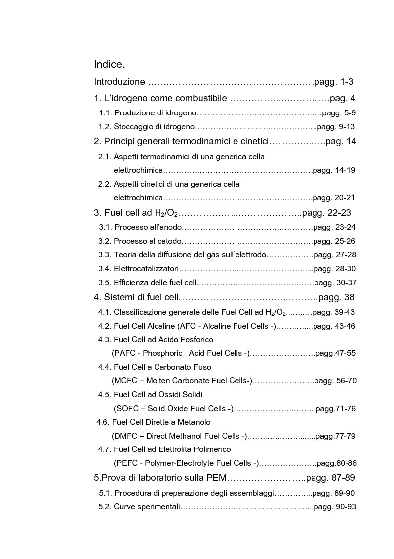Indice della tesi: Conversione di energia chimica in energia elettrica tramite Fuel Cell: aspetti tecnologici ed elettrochimici, Pagina 1