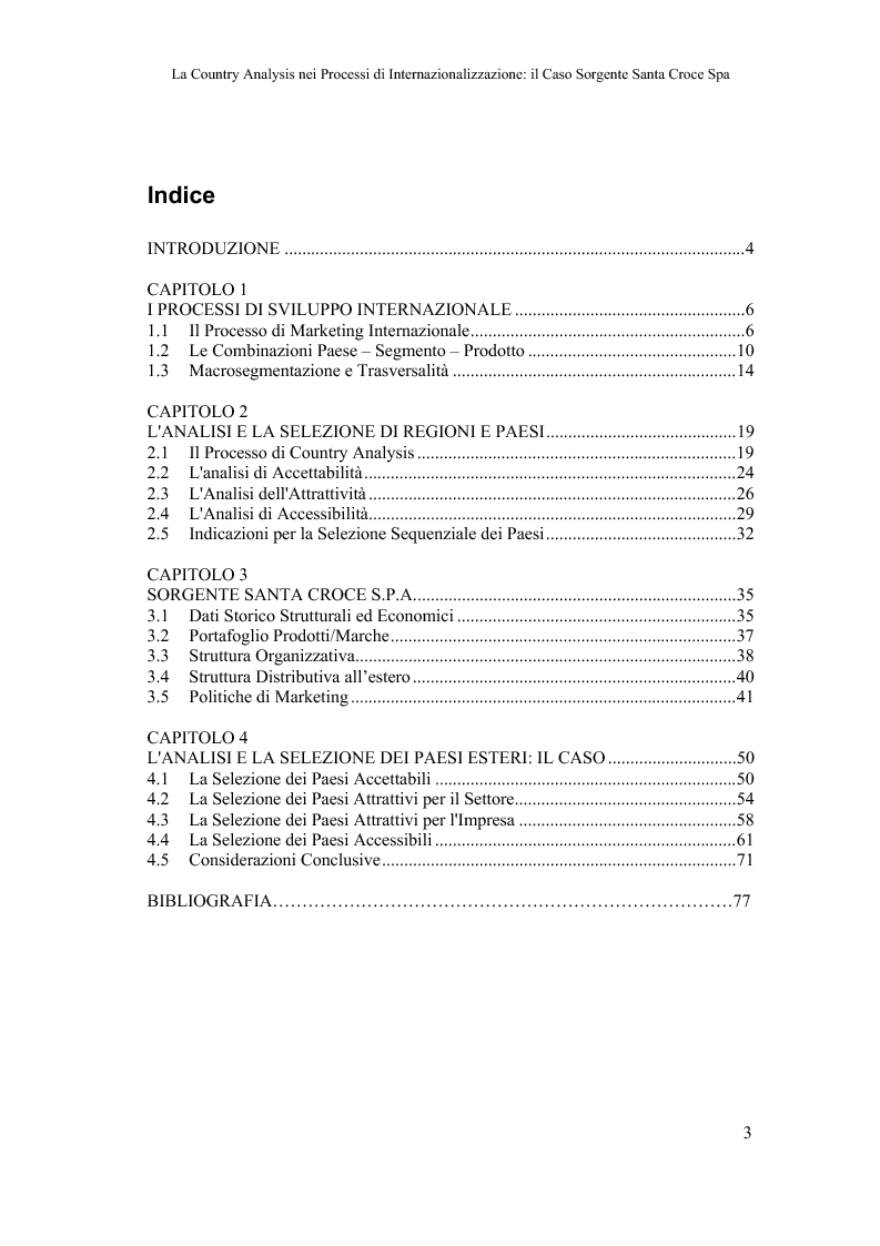 Indice della tesi: La country analysis nei processi di internazionalizzazione: il caso Sorgente Santa Croce Spa, Pagina 1