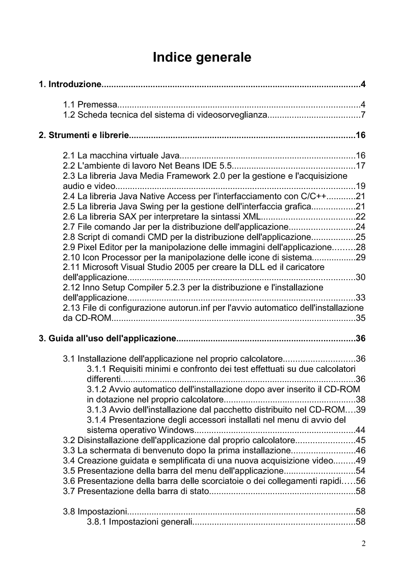 Indice della tesi: Sistema di videosorveglianza per personal computer, Pagina 1