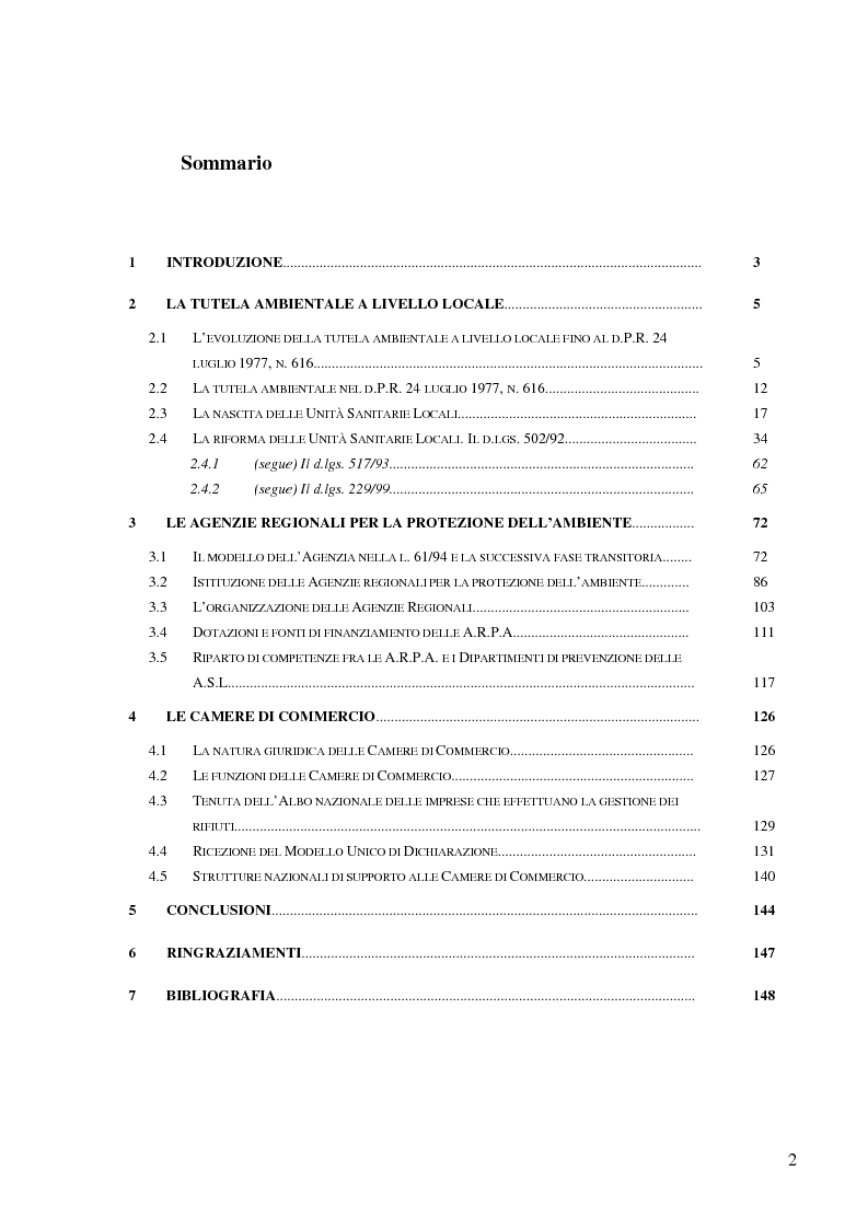 Indice della tesi: Il livello di governo locale nella tutela ambientale. Il ruolo di A.S.L., A.R.P.A. e Camere di Commercio, Pagina 1