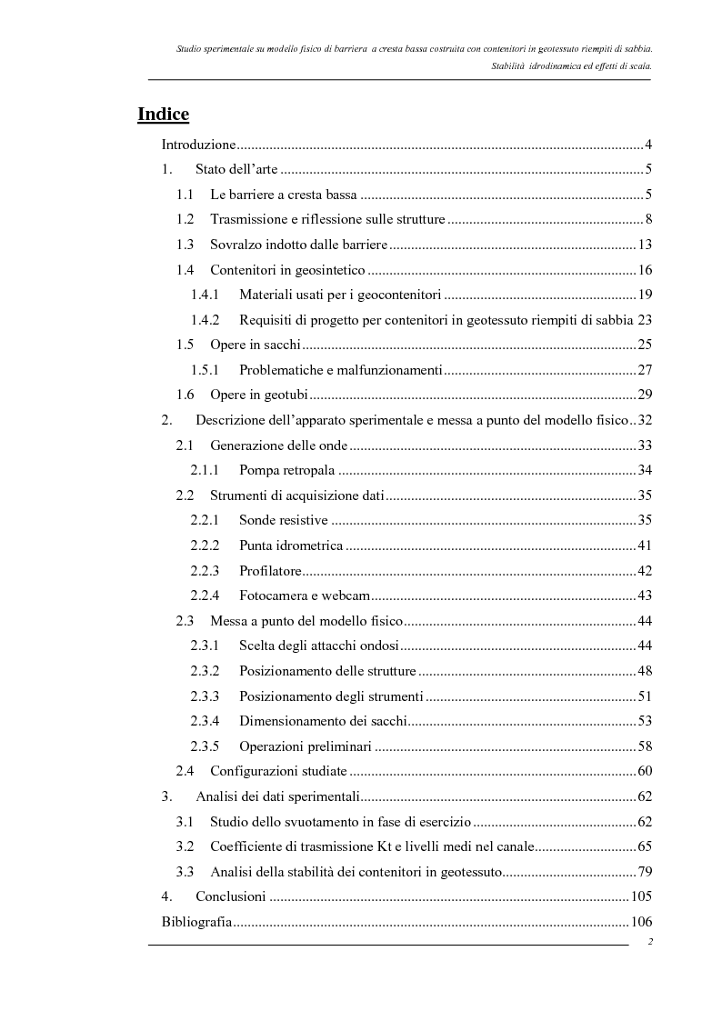 Indice della tesi: Studio sperimentale su modello fisico di barriera a cresta bassa costruita con contenitori in geotessuto riempiti di sabbia. Stabilità idrodinamica ed effetti di scala., Pagina 1