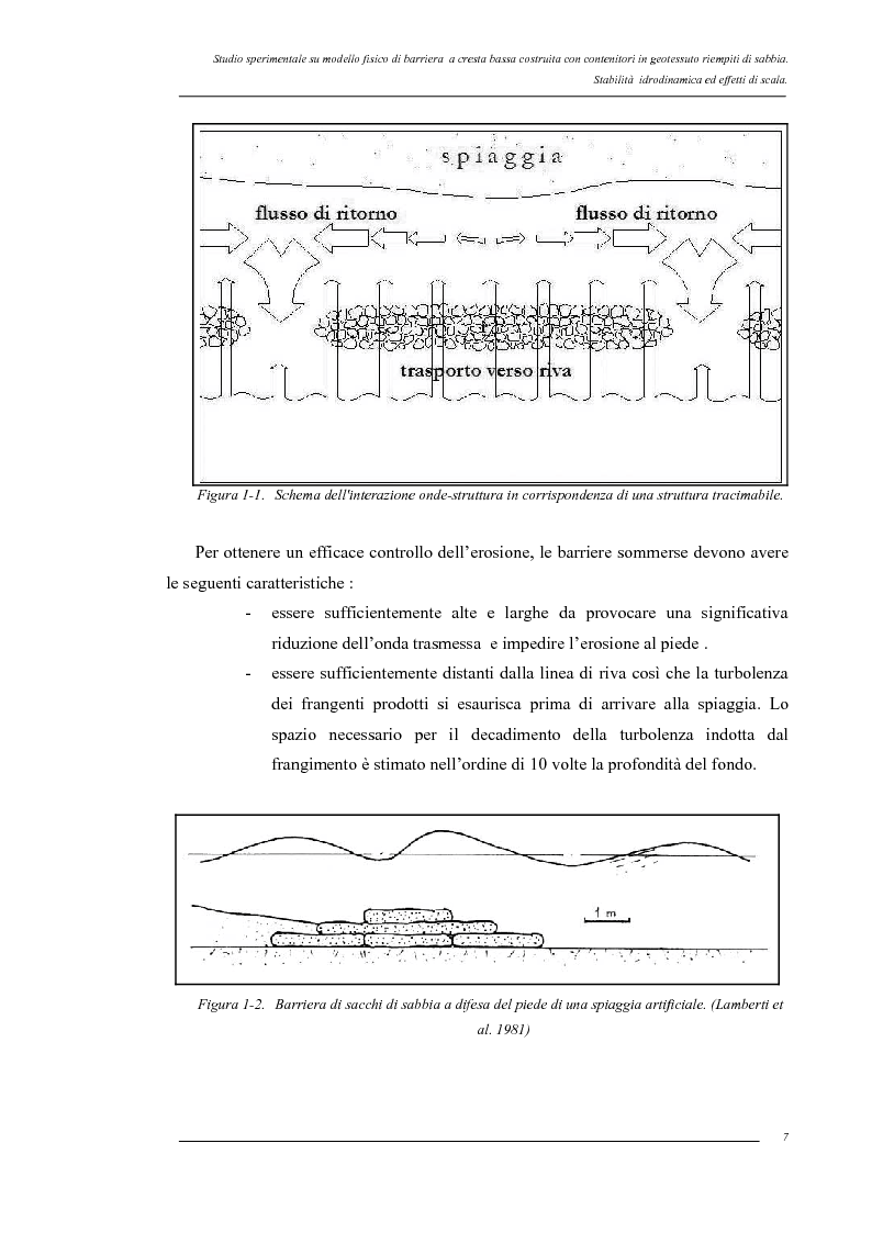 Anteprima della tesi: Studio sperimentale su modello fisico di barriera a cresta bassa costruita con contenitori in geotessuto riempiti di sabbia. Stabilità idrodinamica ed effetti di scala., Pagina 4