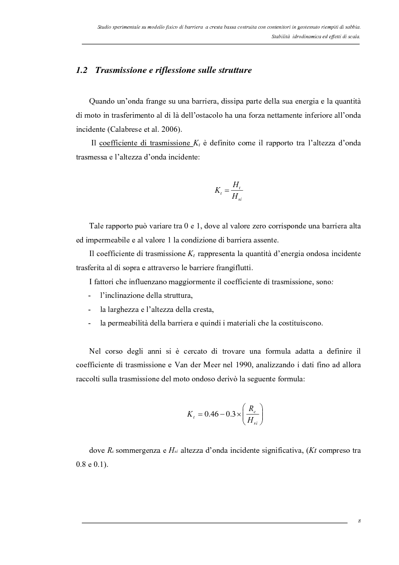Anteprima della tesi: Studio sperimentale su modello fisico di barriera a cresta bassa costruita con contenitori in geotessuto riempiti di sabbia. Stabilità idrodinamica ed effetti di scala., Pagina 5