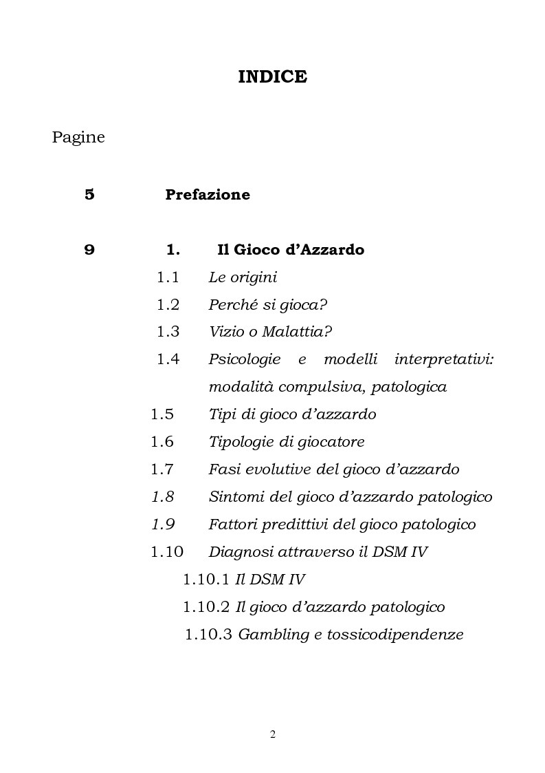 Indice della tesi: I fattori di rischio di suicidio nei giocatori d'azzardo patologico, Pagina 1