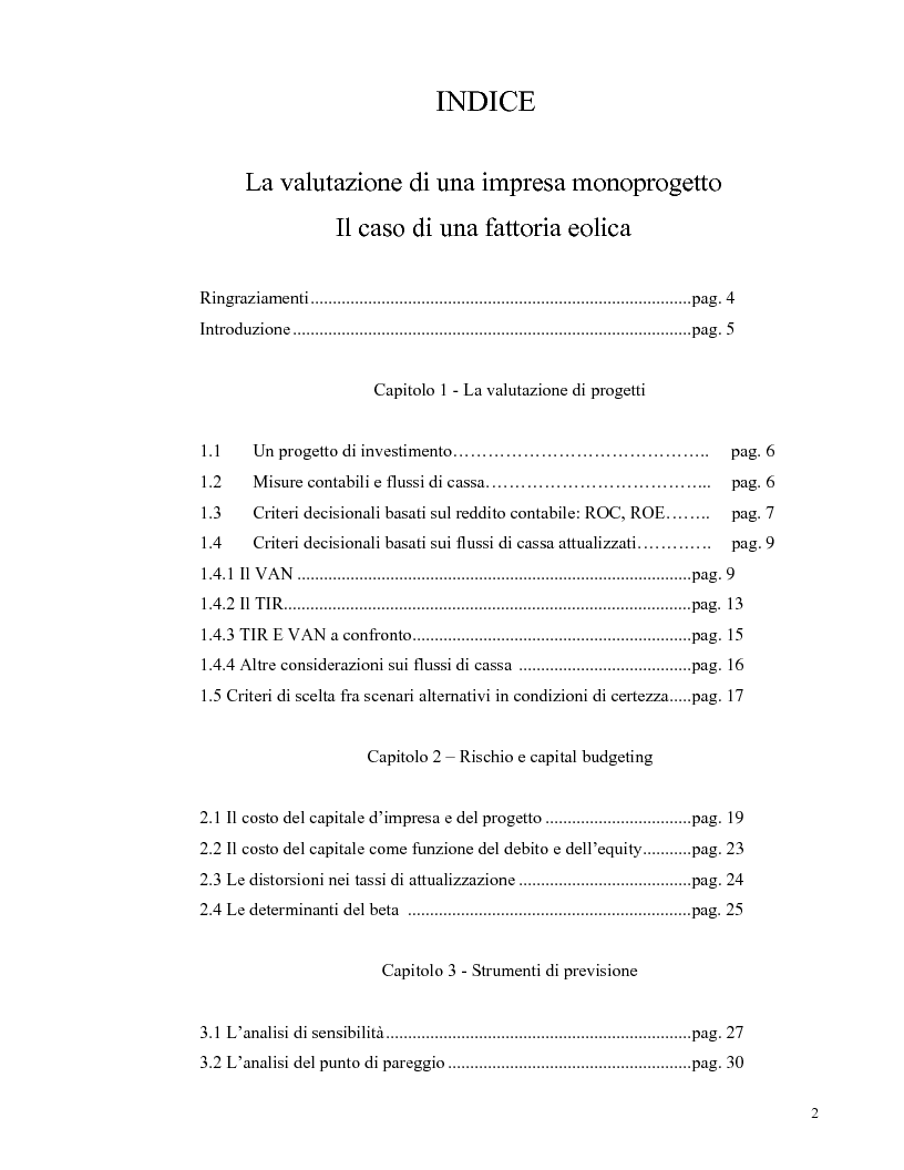 Indice della tesi: La valutazione di una impresa monoprogetto. Il caso di una fattoria eolica., Pagina 1