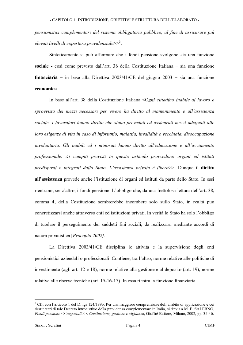 Anteprima della tesi: La riforma dei limiti agli investimenti dei fondi pensione in Italia. Obiettivi e prospettive in seguito alla consultazione effettuata dal Ministero del Tesoro, Pagina 4