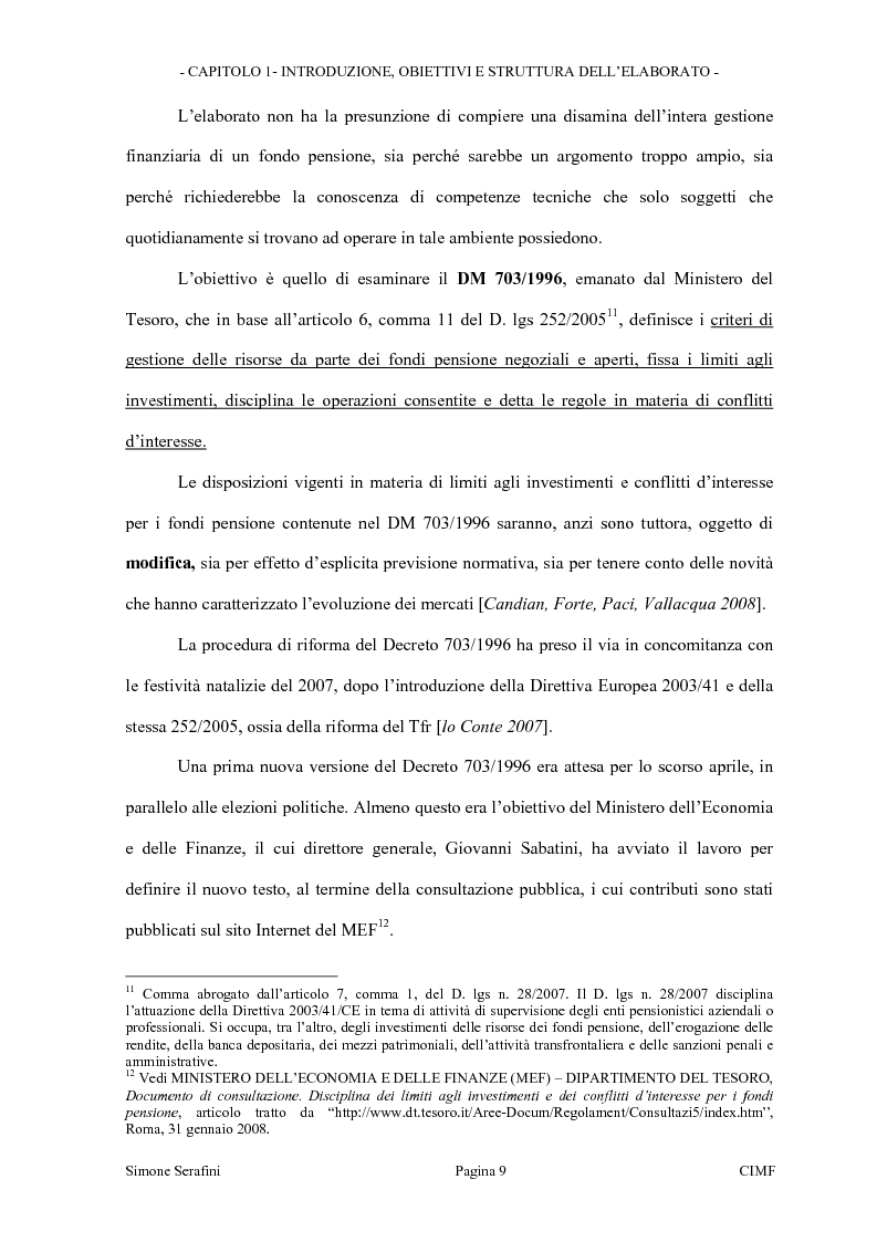 Anteprima della tesi: La riforma dei limiti agli investimenti dei fondi pensione in Italia. Obiettivi e prospettive in seguito alla consultazione effettuata dal Ministero del Tesoro, Pagina 9