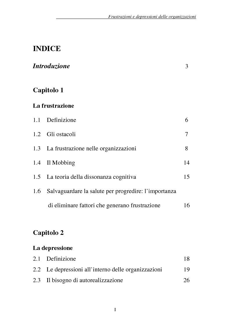 Indice della tesi: Frustrazioni e depressioni delle organizzazioni, Pagina 1
