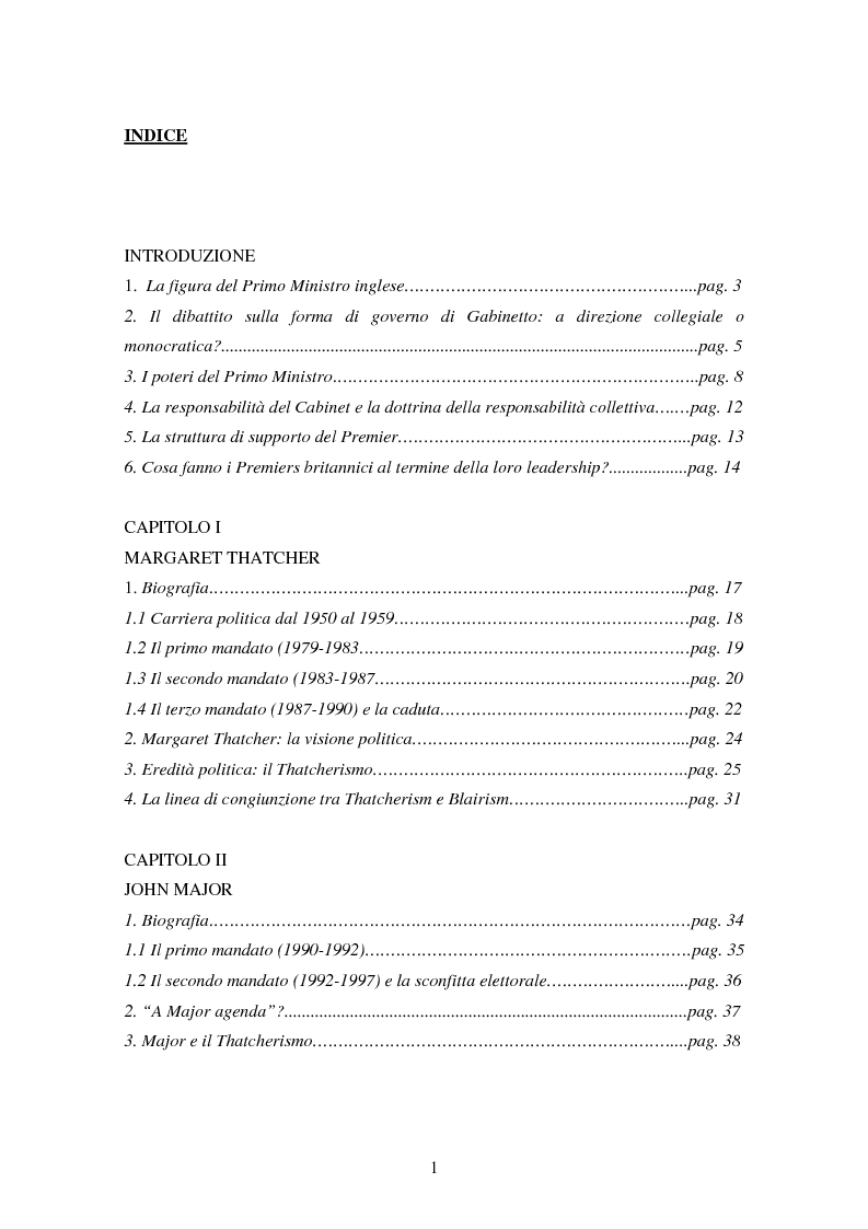 Indice della tesi: La flessibilità della figura del Primo Ministro in Gran Bretagna da Margaret Thatcher a Gordon Brown, Pagina 1