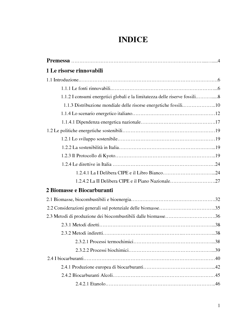 Indice della tesi: Analisi ambientale della produzione ed uso del biodiesel da colza e da girasole, Pagina 1
