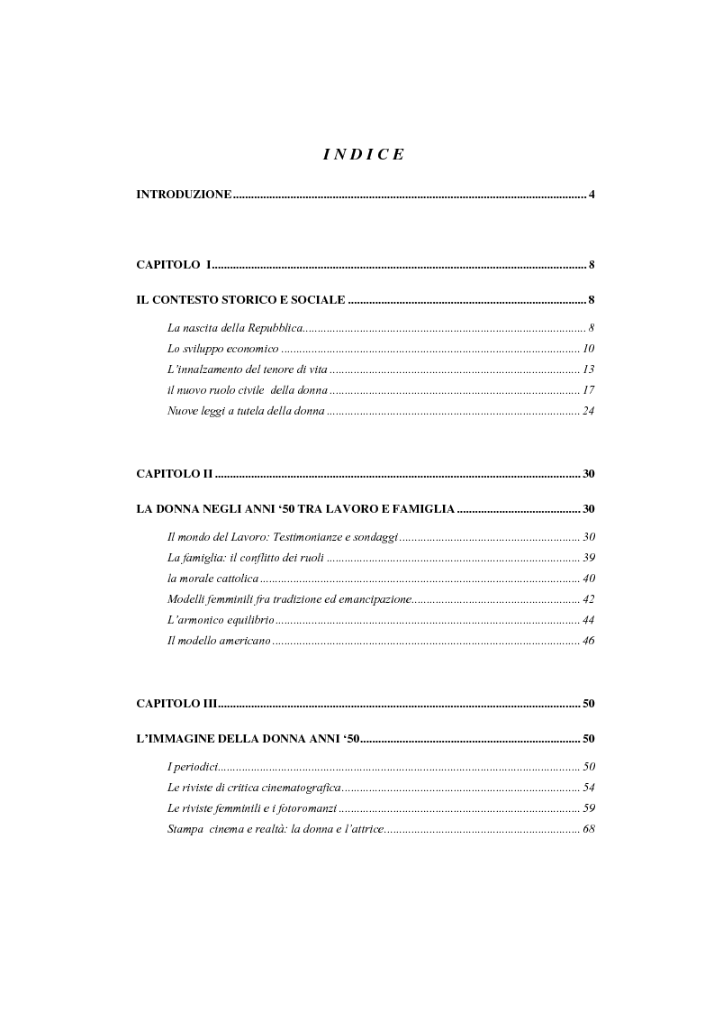 Indice della tesi: La figura della donna nel cinema italiano del secondo dopoguerra, Pagina 1