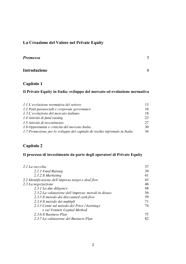 Indice della tesi: La creazione del valore nel private equity, Pagina 1