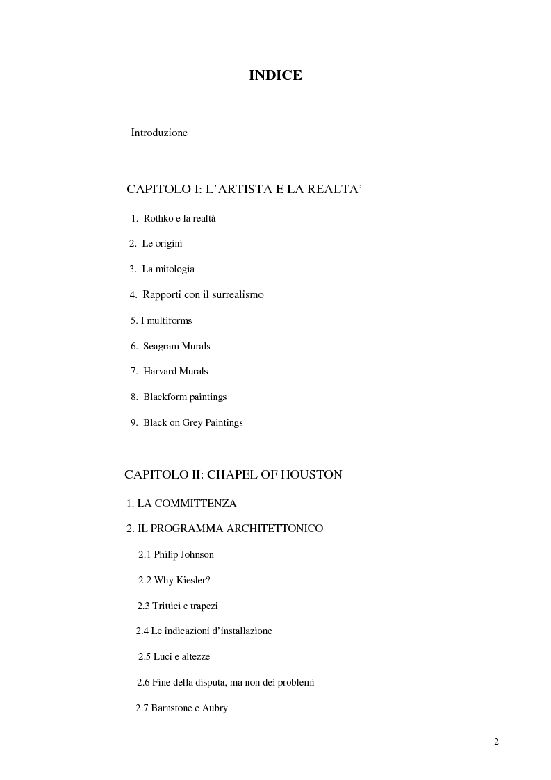 Indice della tesi: Sulla via del silenzio - Mark Rothko e la cappella di Houston, Pagina 1