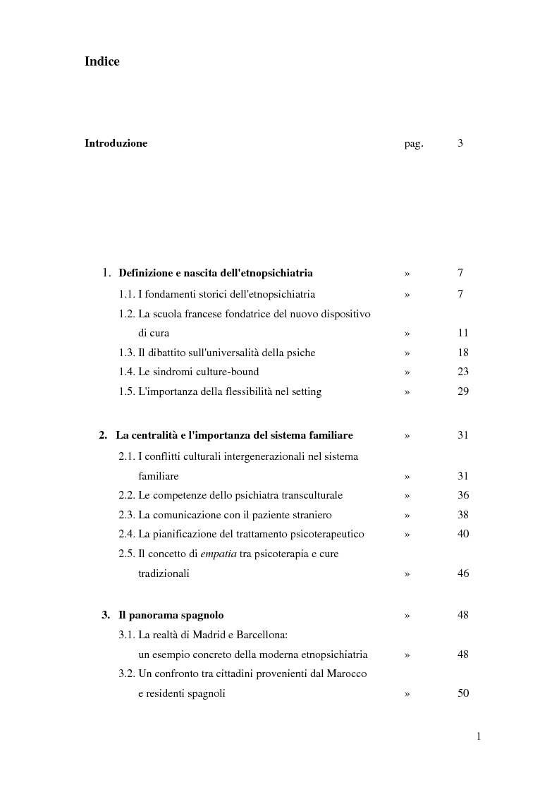 Indice della tesi: Diagnosi e trattamento in etnopsichiatria: nuove metodologie di cura per il paziente straniero, Pagina 1