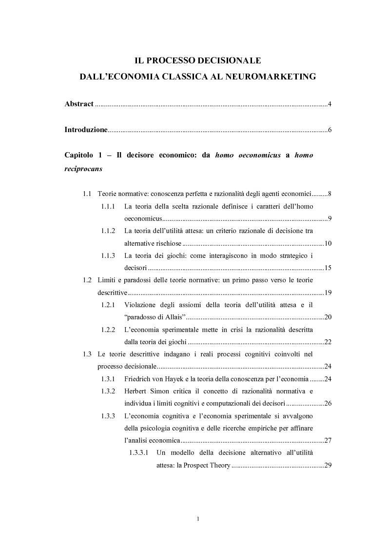 Indice della tesi: Il processo decisionale dall'economia classica al neuromarketing, Pagina 1