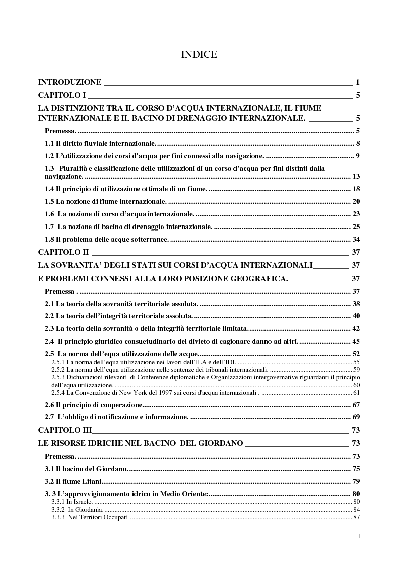 Indice della tesi: Le risorse idriche nel diritto internazionale con particolare riferimento alla Palestina, Pagina 1