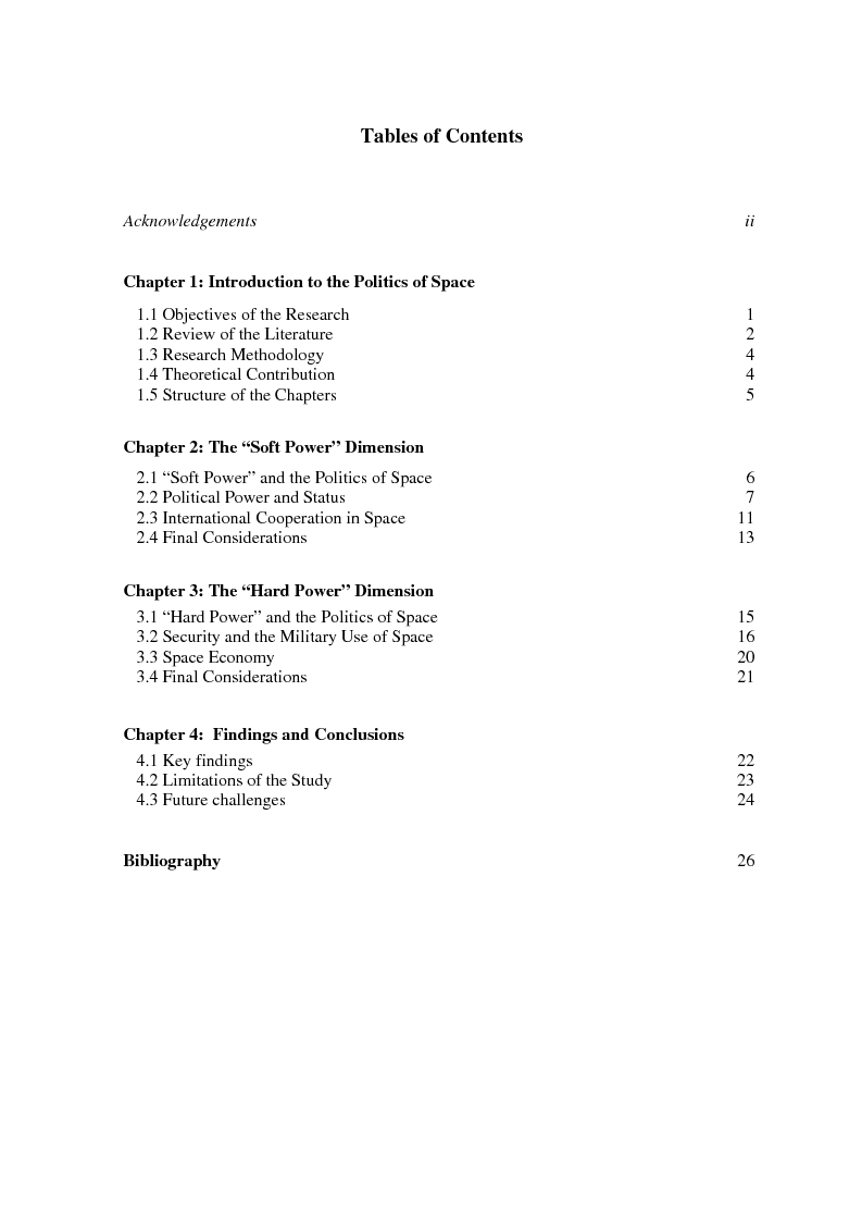 Indice della tesi: The Soft and Hard Power Dimensions of the Politics of Space, Pagina 1