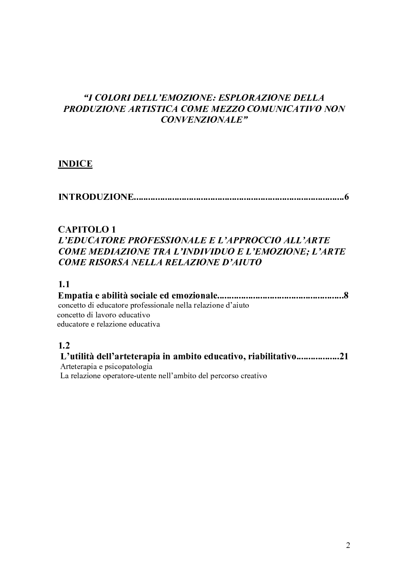 Indice della tesi: I colori dell'emozione: esplorazione della produzione artistica come mezzo comunicativo non convenzionale, Pagina 1
