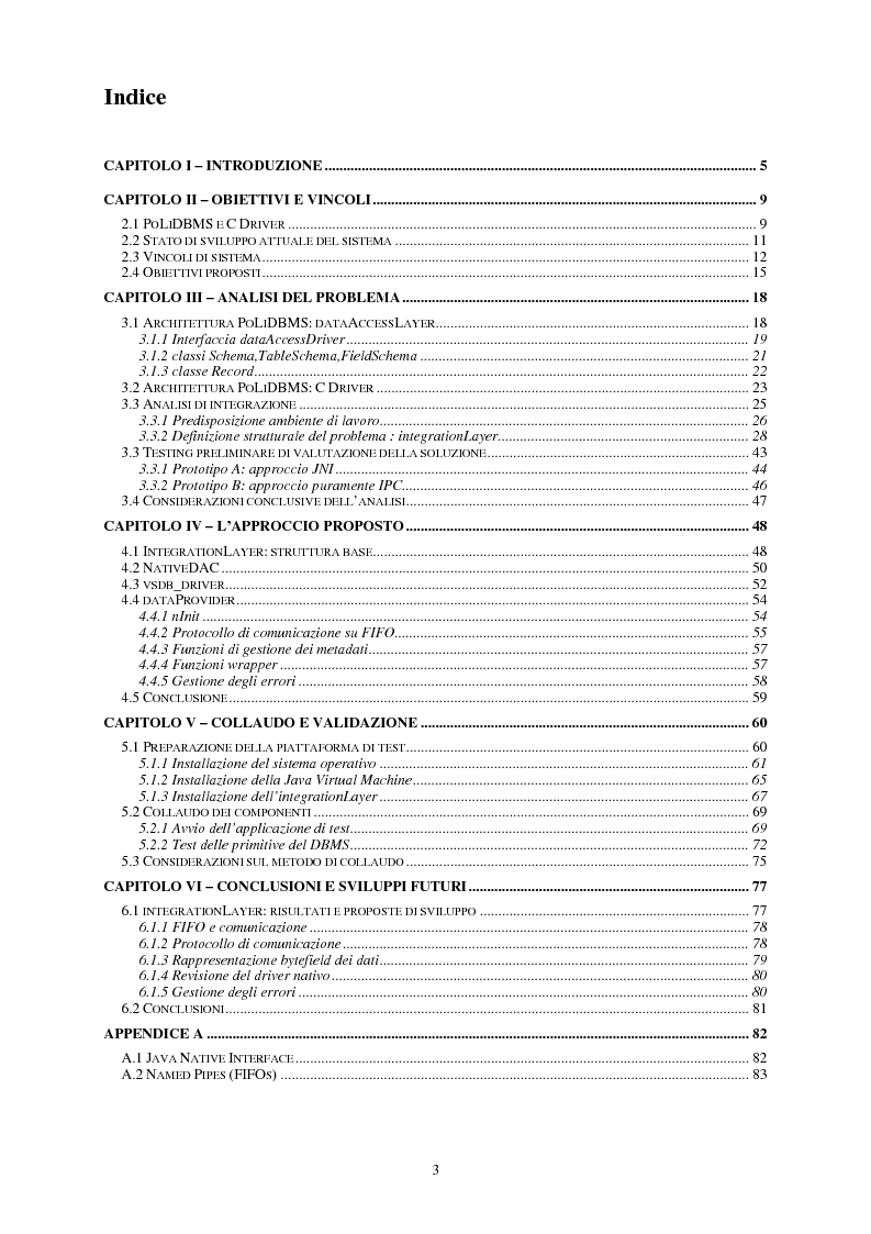 Indice della tesi: Studio di fattibilità per l'integrazione di un driver C in PoLiDBMS, Pagina 1