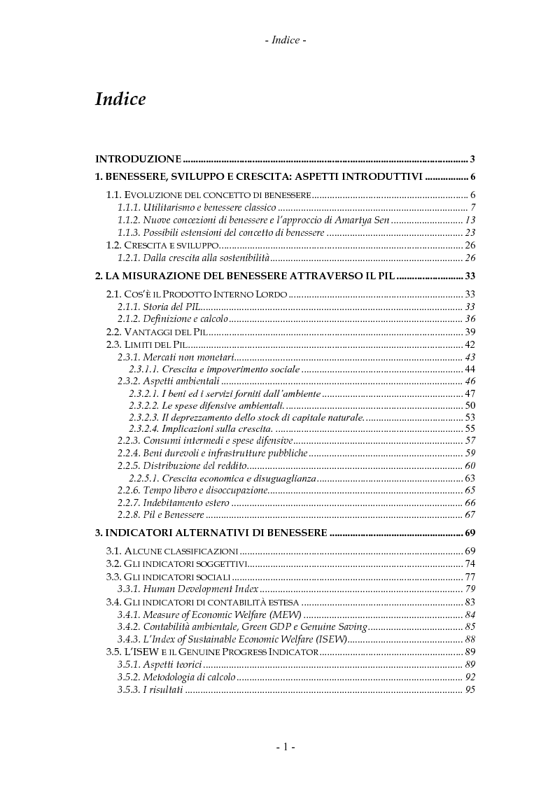 Indice della tesi: La misurazione del benessere e la crescita. Aspetti teorici ed evidenza empirica., Pagina 1