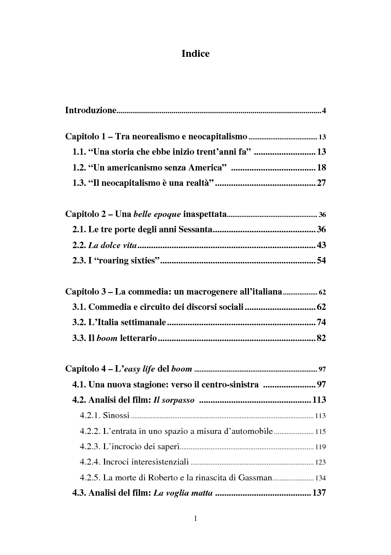 Indice della tesi: Dalla dolce vita alla vita agra. La commedia del boom (1960-1964), Pagina 1